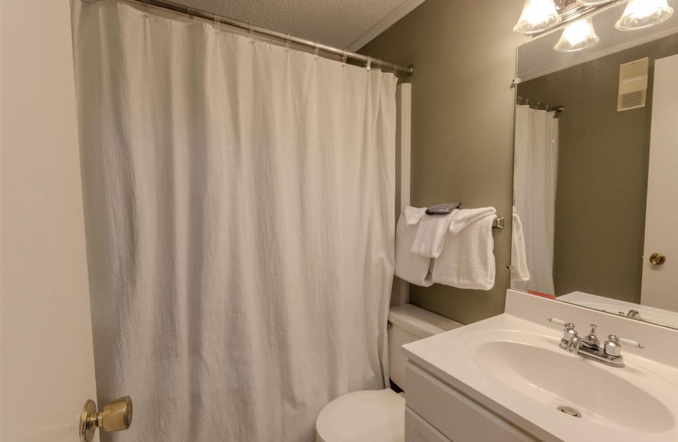 The bathroom is conveniently located in the hall and has a modern vanity.