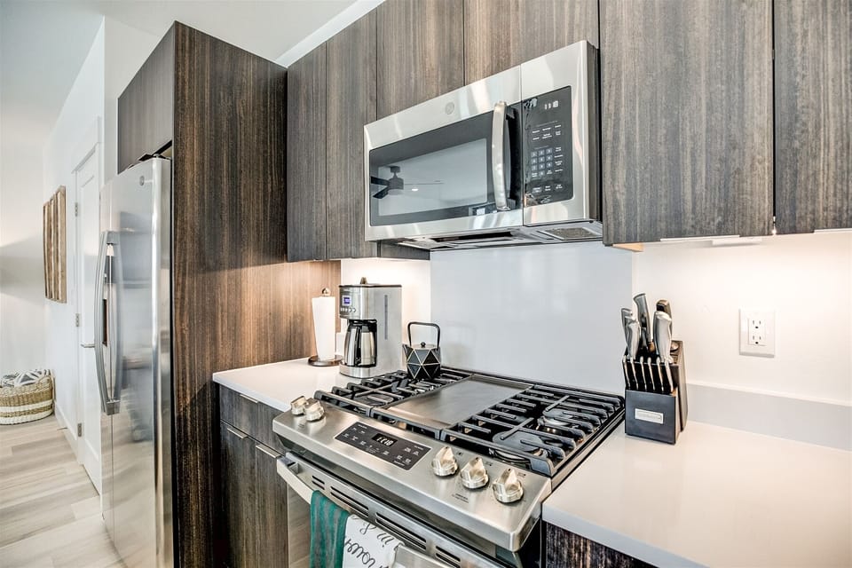 Stainless appliances including gas range and dishwasher