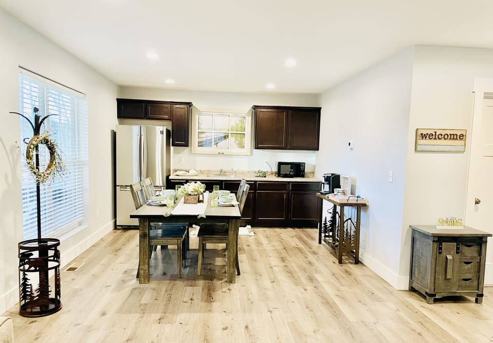 Kitchenette has no stove, but has microwave, toaster, electric skillet and grill