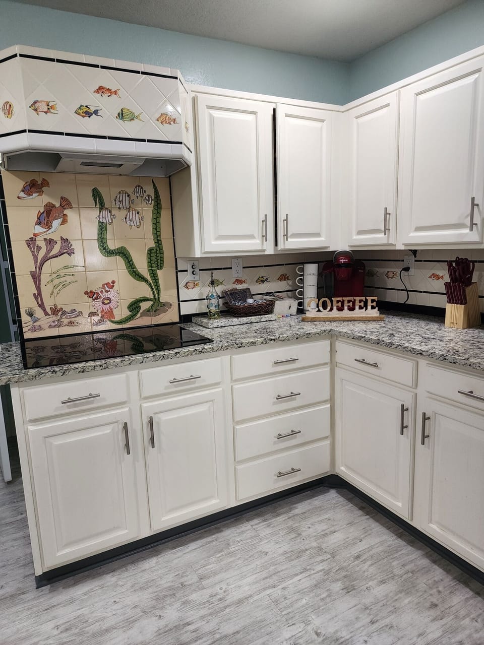 Coffee station with Keurig machine and plenty of Kcups to get you started.