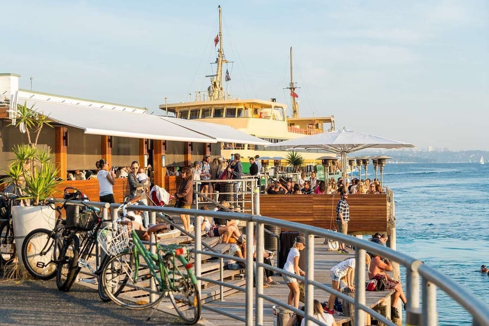 Manly's famous wharf with Hugo's restaurant among many