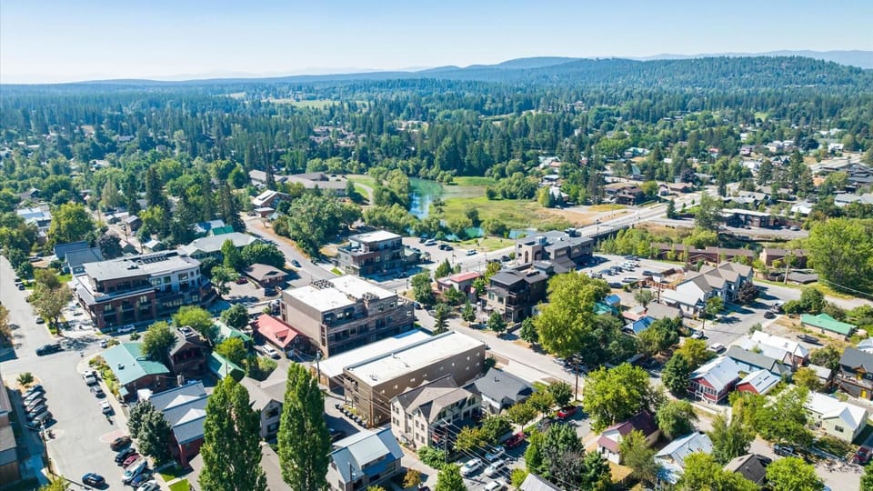 Aerial view of the building to showcase the location in Downtown Whitefish.