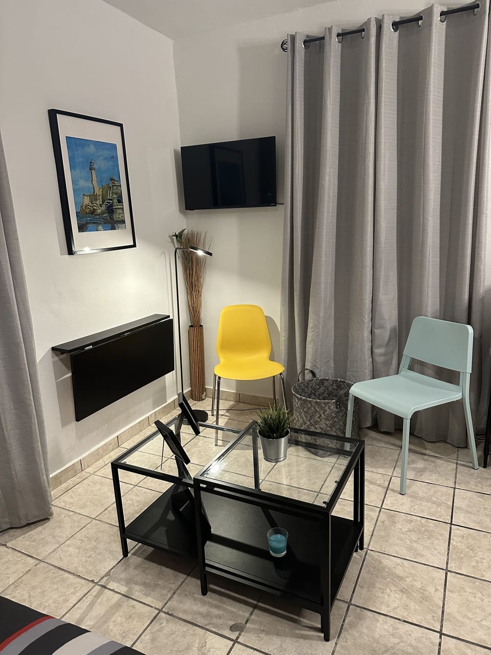 A foldable table and a smart TV.