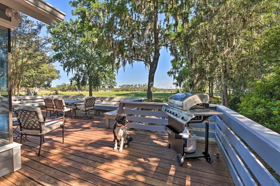 Large deck w/ gas grill and dining area.
Overlooks #9 and the marsh.