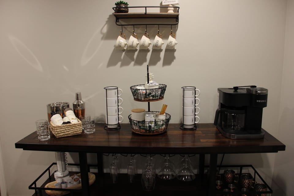 The lodge has two coffee stations with a Keurig machine & 12 cup drip coffee pot