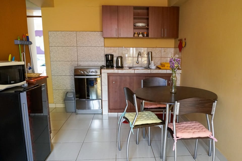Small but fully equipped kitchen with gas stove and oven