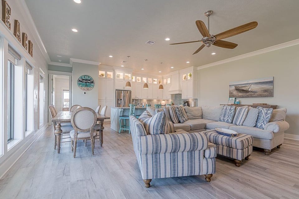 Open concept kitchen, dining, and living room