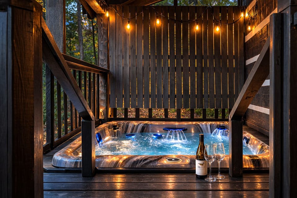 Slip into the hot tub as darkness falls — steam rising, lights twinkling, worries dissolved.