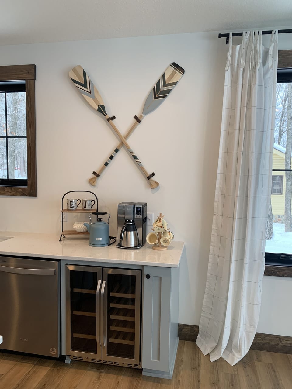 Beverage center for coffee and tea with fridge for cold drinks. 