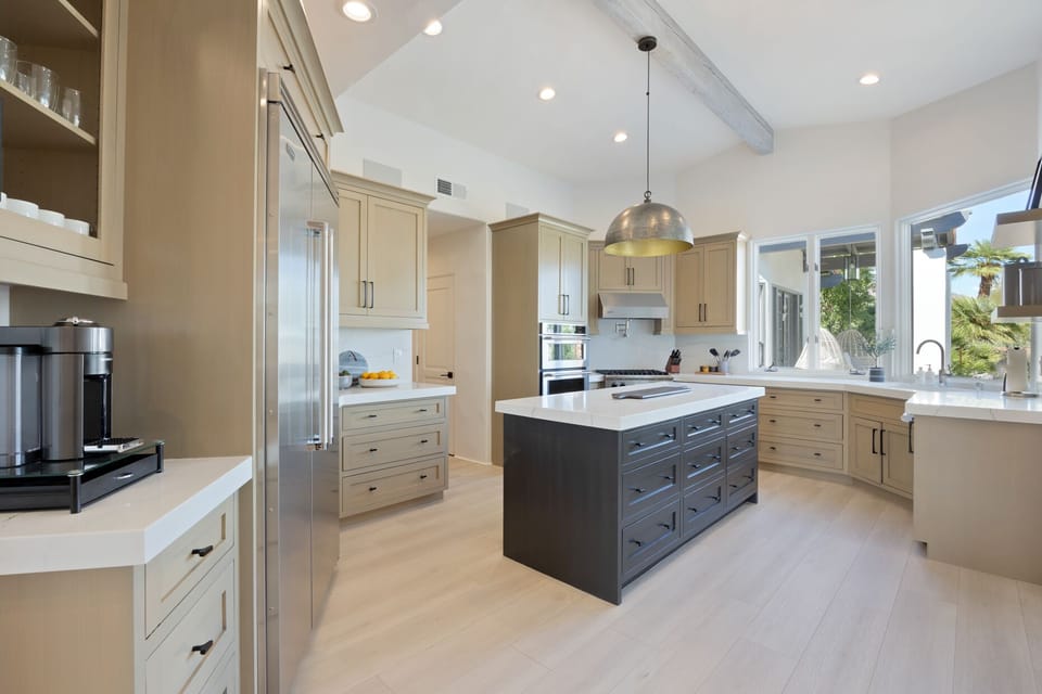 The brand-new kitchen features Viking appliances, a large prep island and is fully stocked with all the essentials to entertain family and friends.