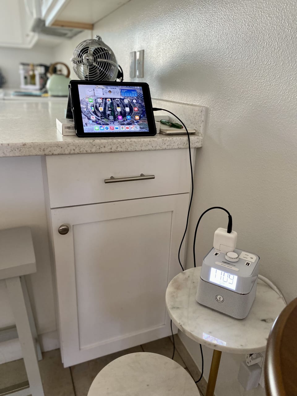 ®CubieBlue Bluetooth speaker charge station by breakfast bar area