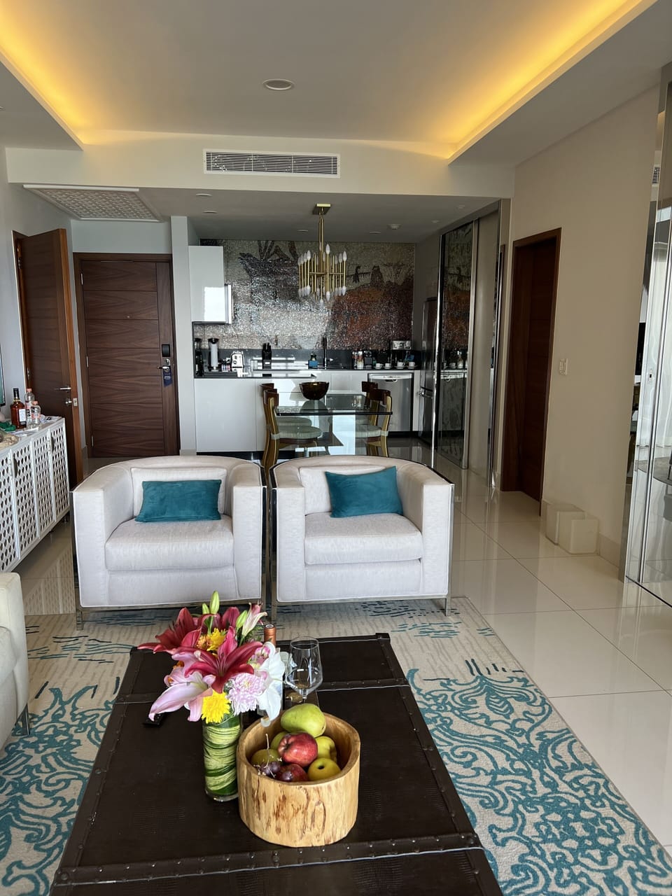 Living room, dining table and kitchen 