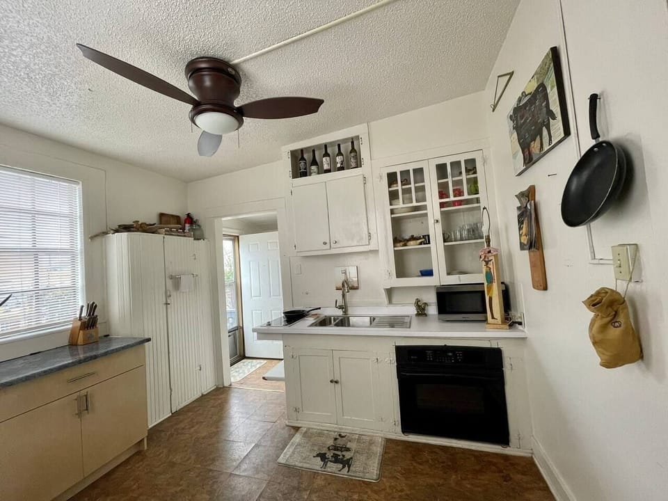 Microwave, oven, double electric burner by the sink