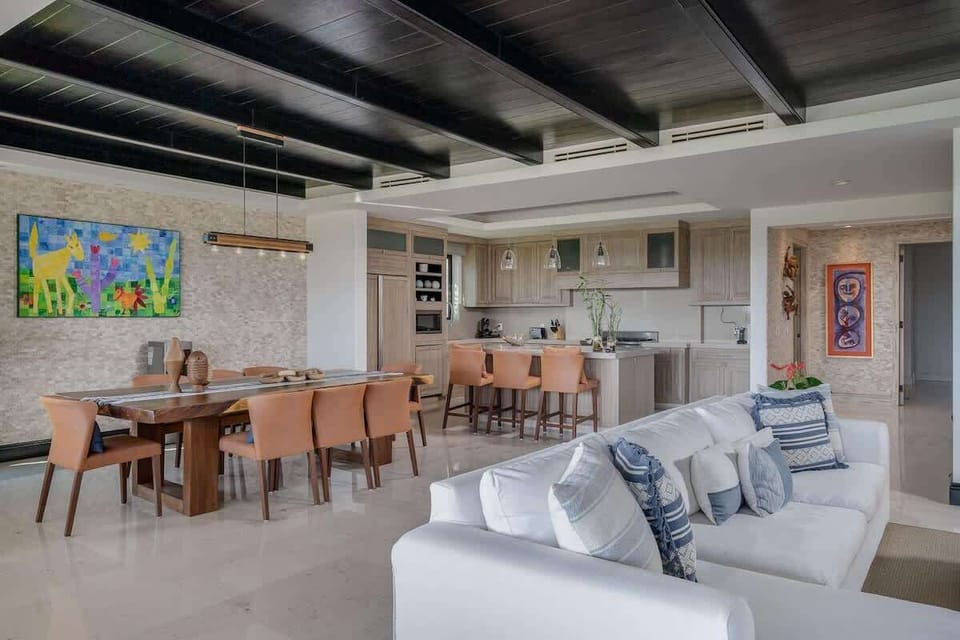 Tropical-inspired decor and beachy vibes throughout