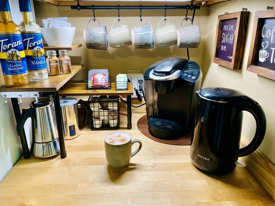 Coffee bar - Keurig, Electric Tea Pot, Espresso Maker, Frother and Coffee Syrups