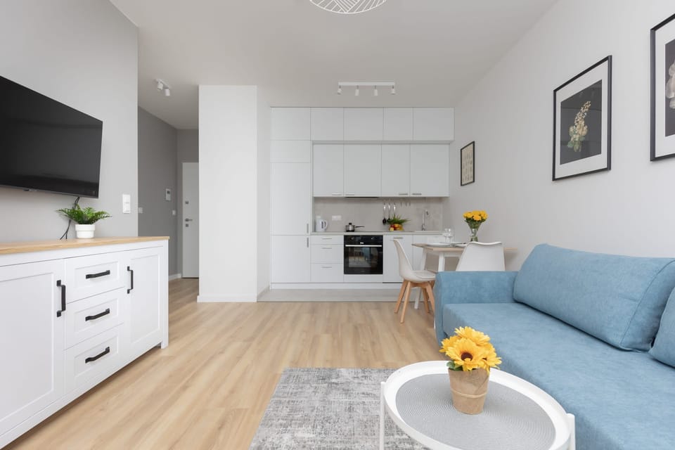 A combined kitchen and living room with a sofa, a table, and decor elements.

