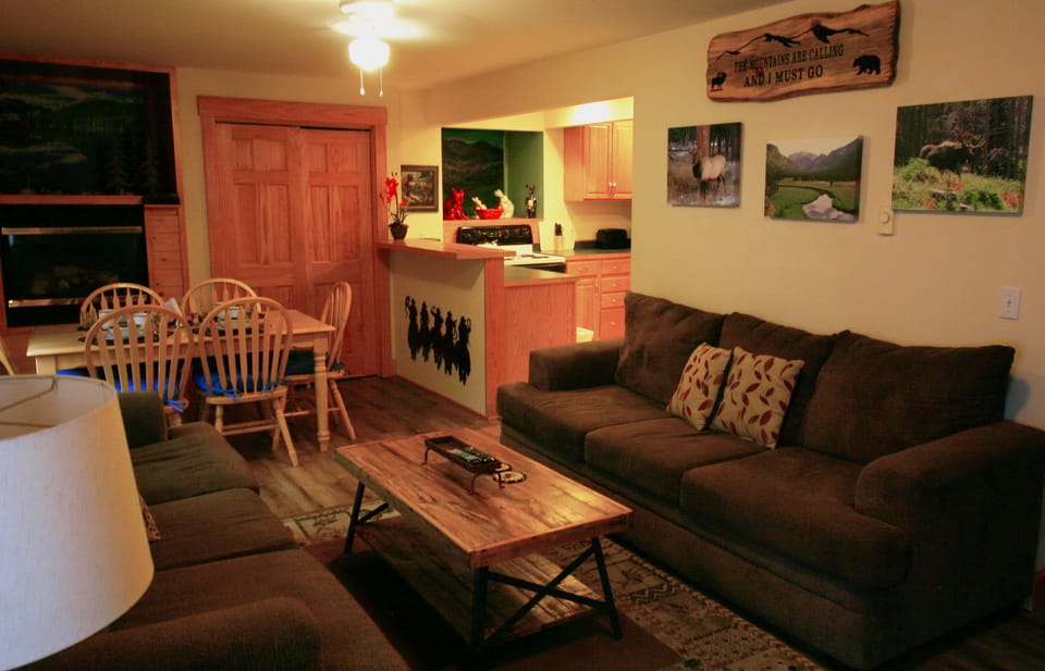 Living room with dining area, gas fireplace, open to the kitchen 