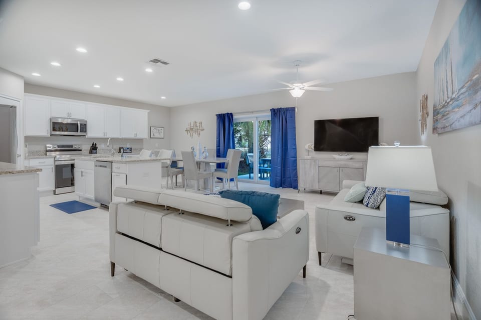 Open floor plan with bright decor