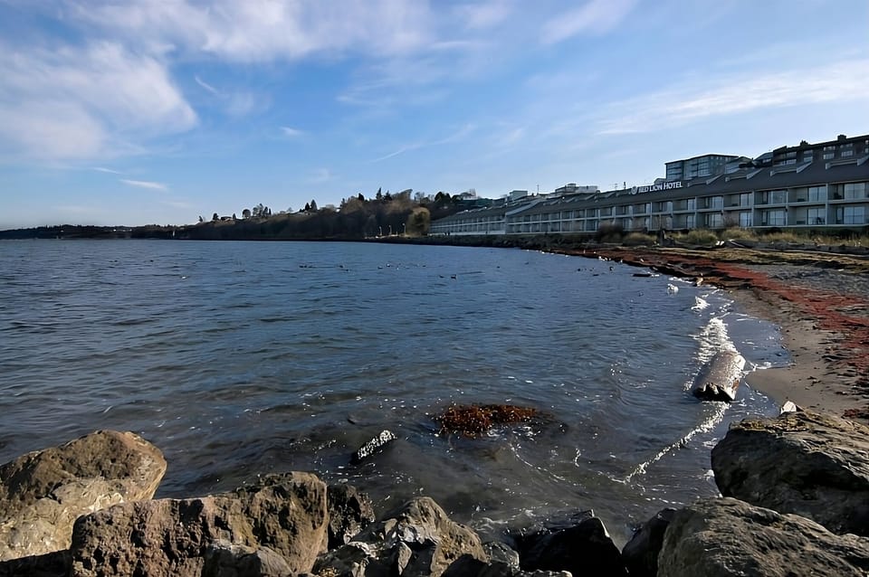 Explore the rocky shoreline and watch gentle waves roll in.