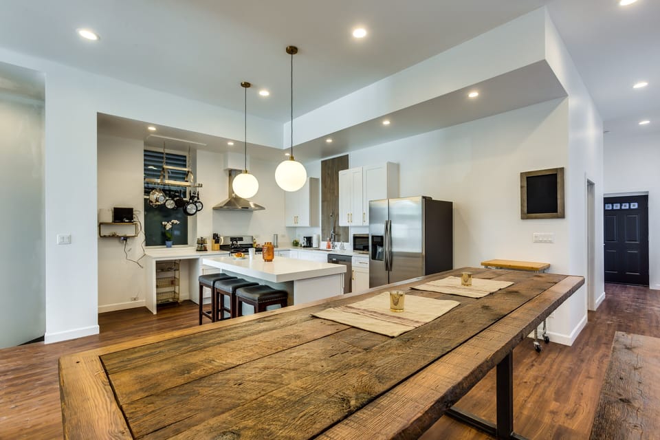 Between the huge table and bar stools, there's more than enough seating for everyone