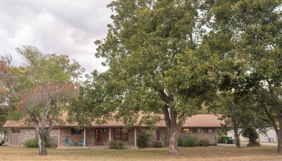 Spacious house with a large yard with lillies, pecan trees and a pear tree