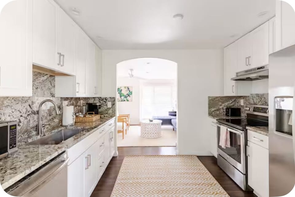 full kitchen with everything needed to cook, eat and enjoy your stay.