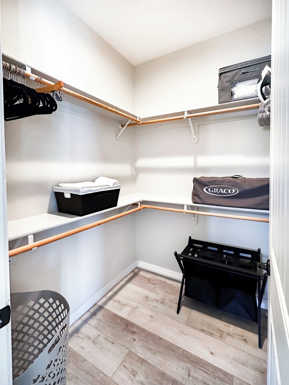 Master bedroom walk-in closet. Pack'n'Play always available. 