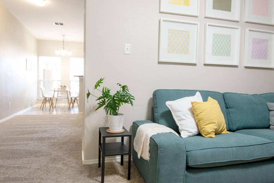 Living room, hallway to dining and kitchen.