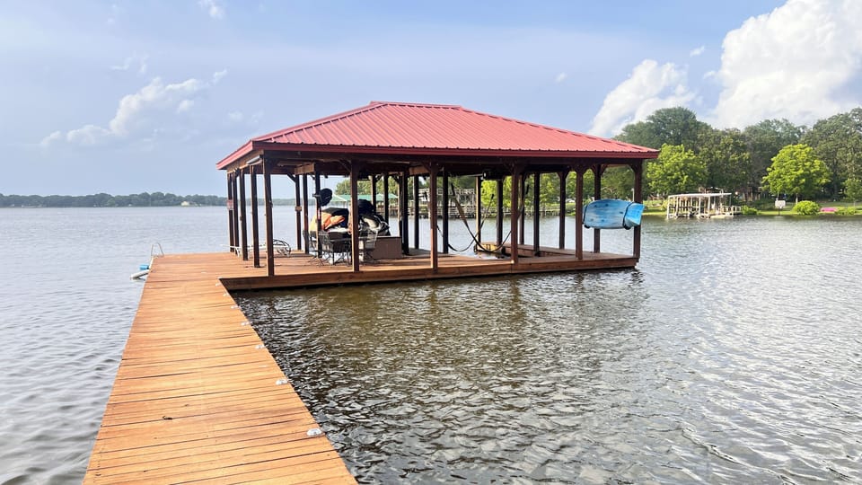 Patio table and chairs on dock