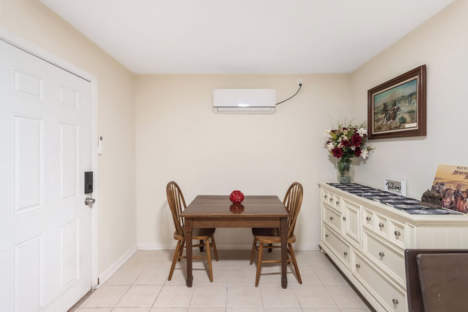 living room with roku tv and futon