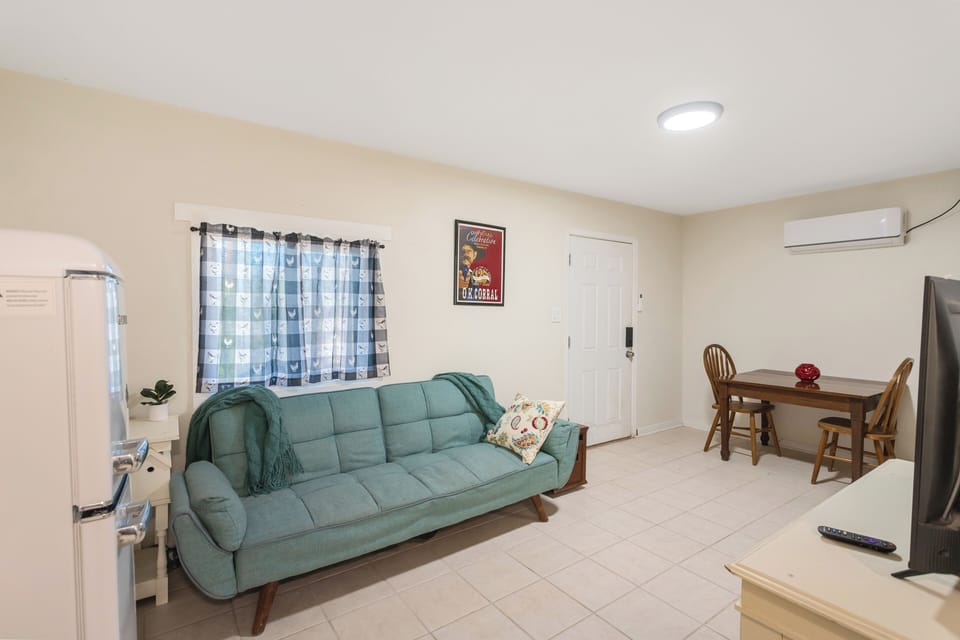 living room with roku tv and futon