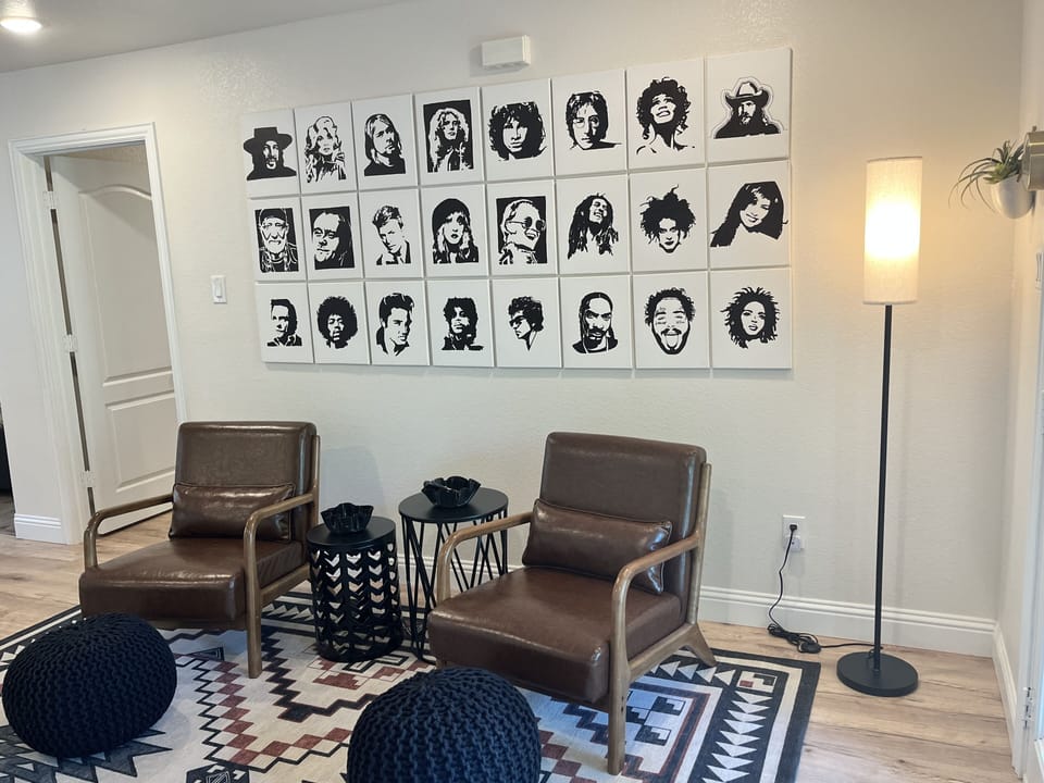 Second living space - games, name that singer/songwriter (custom art on wall)