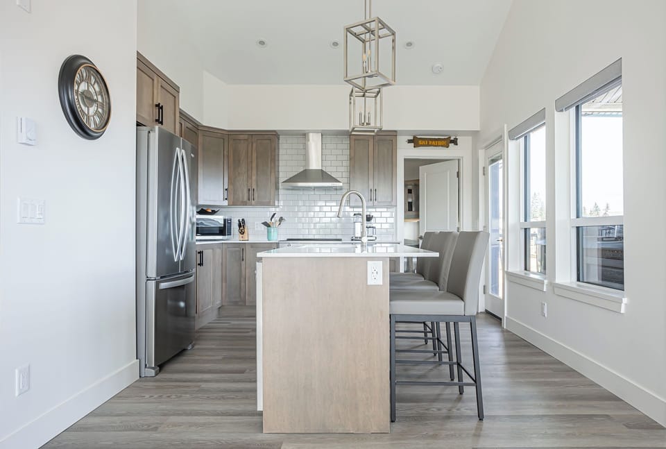 Brand new kitchen with Quartz counters, stainless appliances and lots of light