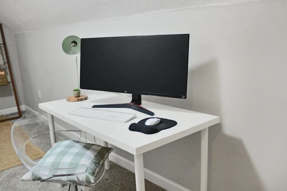 Perfect work from home station set up with Monitor and HDMI cable for our guests