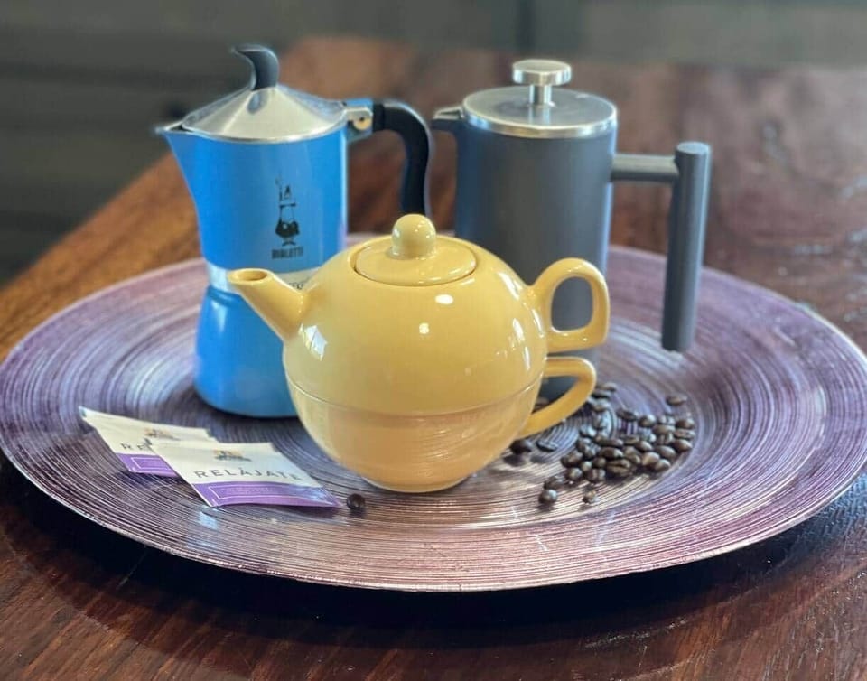 Hot beverage options:  espresso maker, French press, teapot.