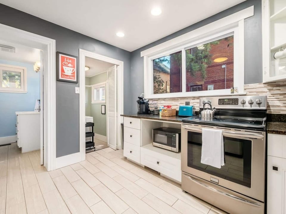 Laundry and full bath are right off the kitchen.  Laundry is FREE!  Detergent and dryer sheets are provided.  Full bath has shampoo, body wash and fluffy towels.