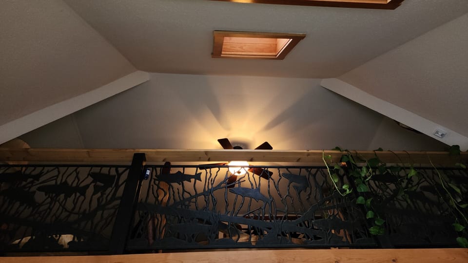 The view of the iron fish railing from gallery section in upstairs bedroom