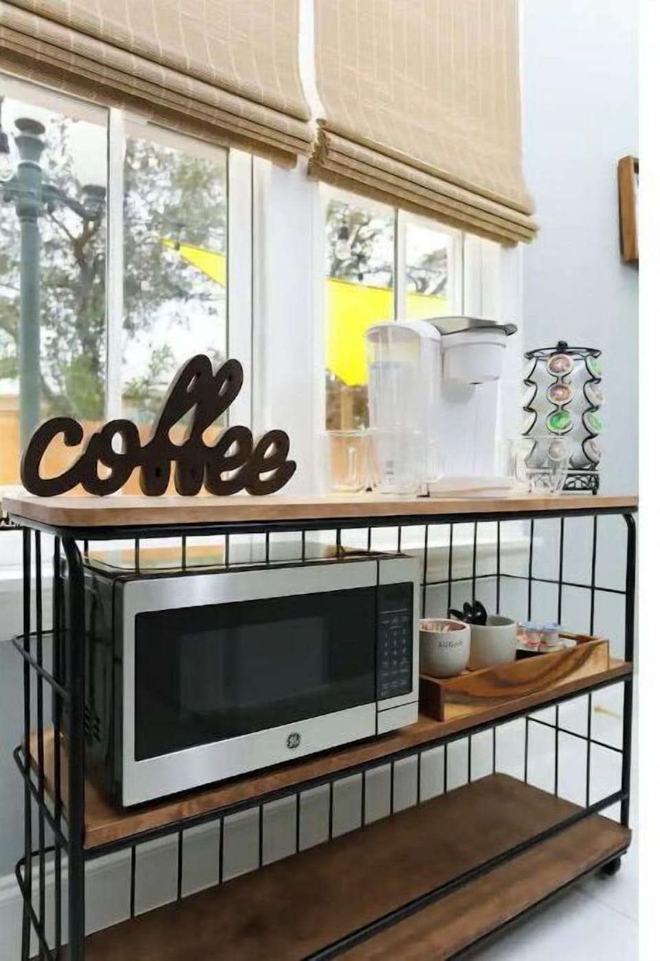Coffee bar complete with Keurig and regular drip coffee maker and tea kettle!