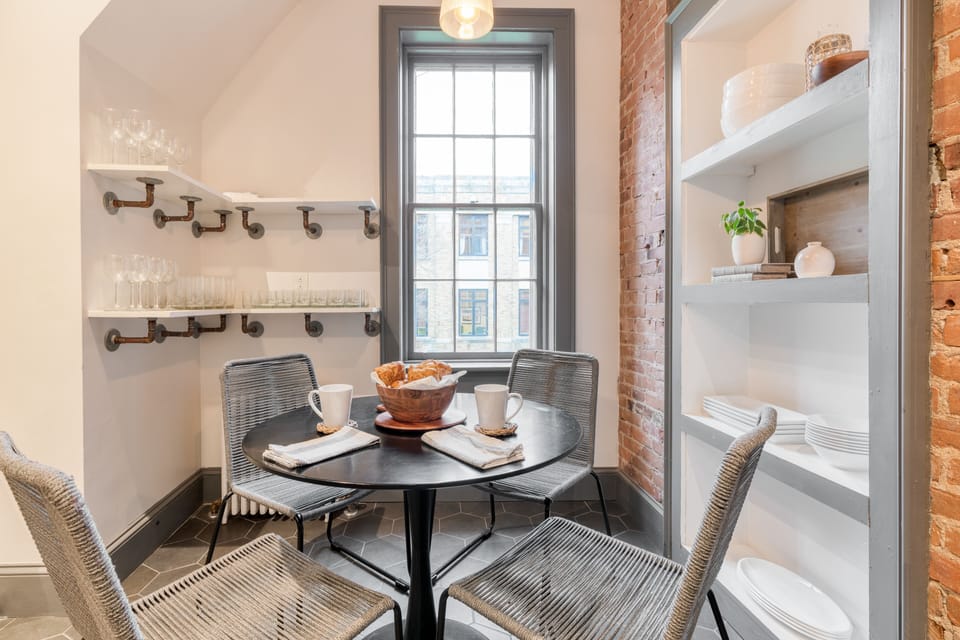 Gorgeous industrial-style open shelving.