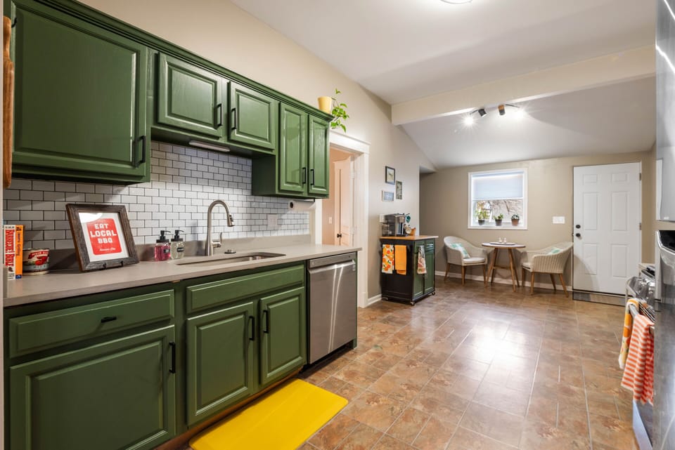 Bright and functional kitchen designed for longer stays, conveniently located near KU Medical Center and local eateries.