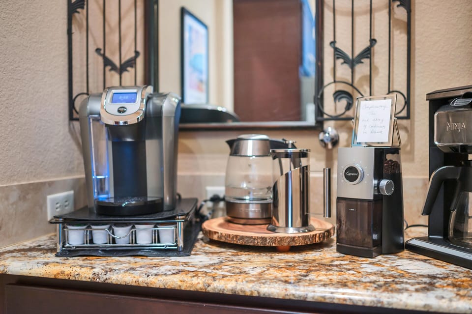 How do you like your coffee/ tea ? French press, and tea kettle  awaits