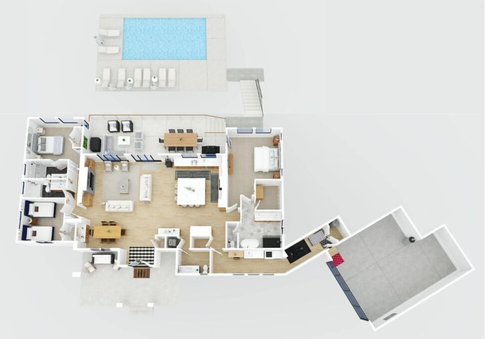 3D Floor plan of the home and lower pool level