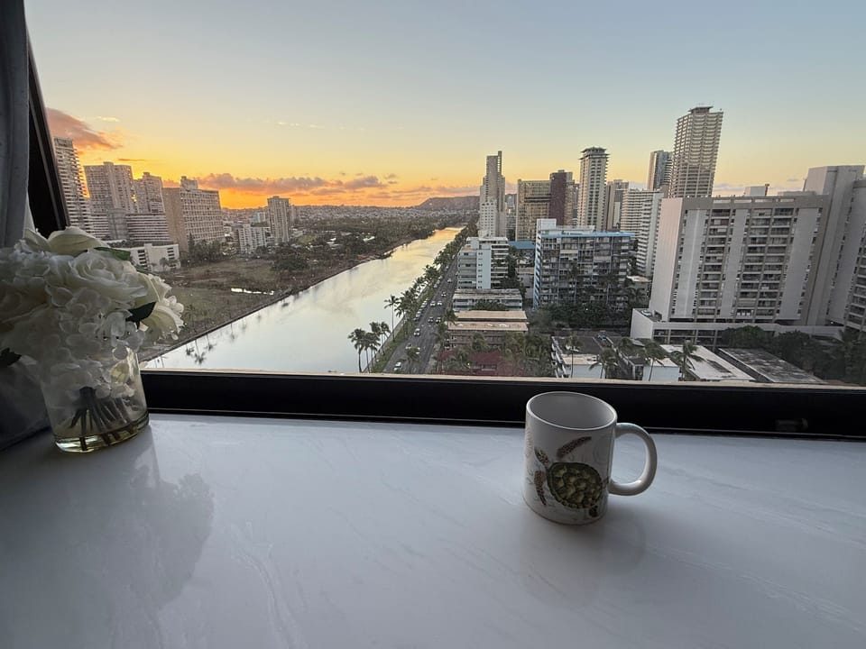 Wake up morning coffee with sunrise view