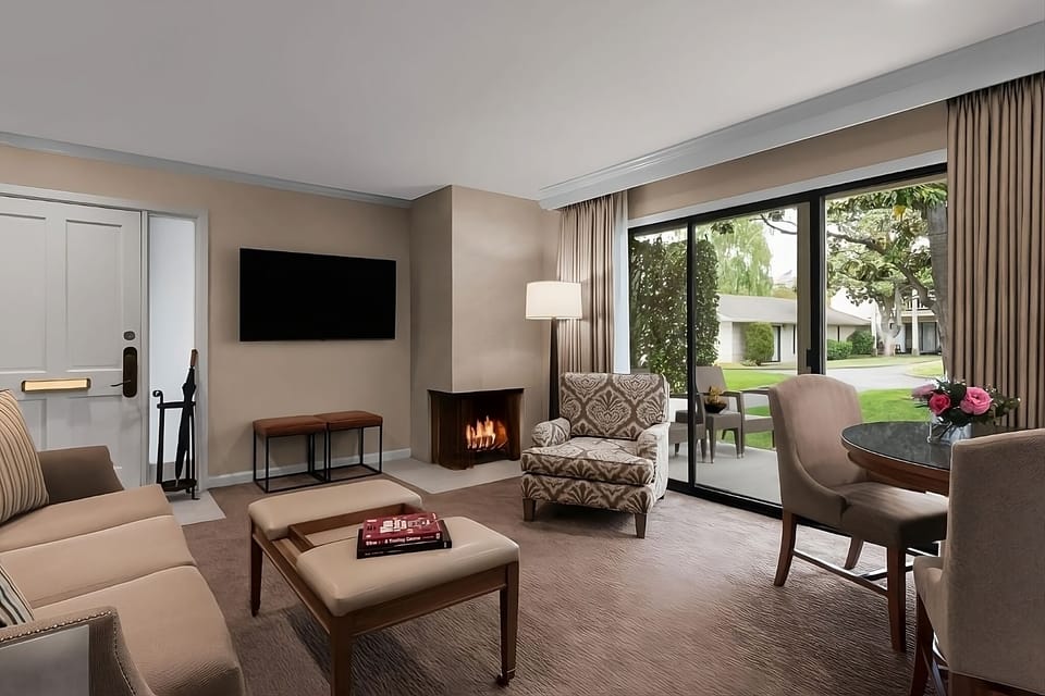 Lounge comfortably by the fire after a day exploring outside.