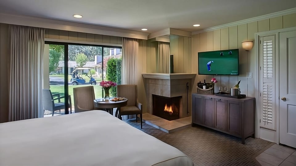 Settle in by the fireplace and sip wine after golf.