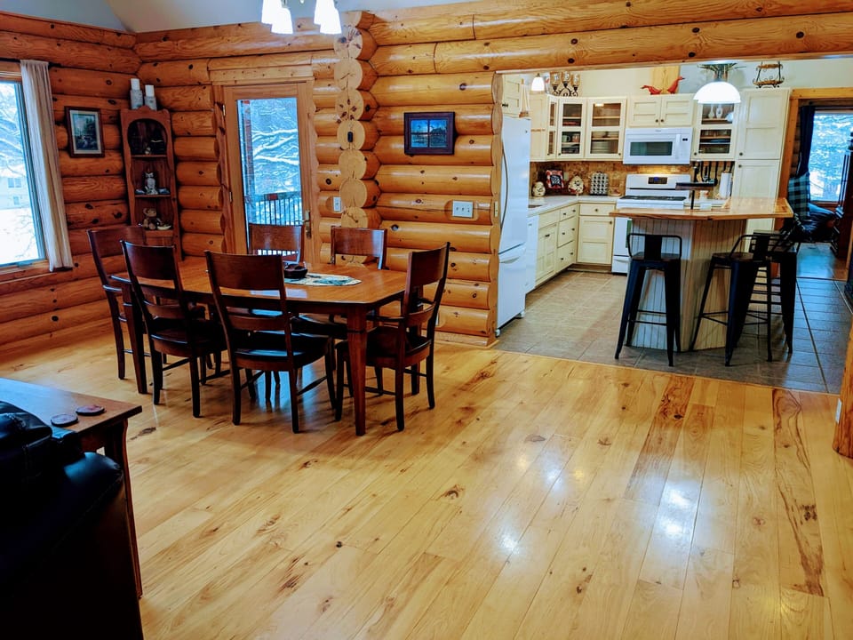 Dining table has 2 leaves and fold up chairs available. 2 high chairs.