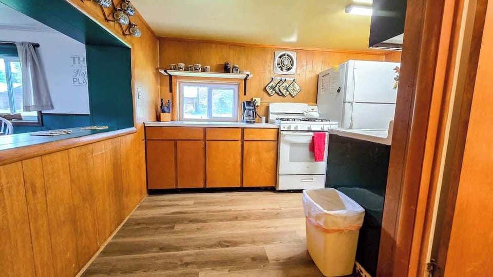 Kitchen is stocked for your stay and has a gas range for cooking 