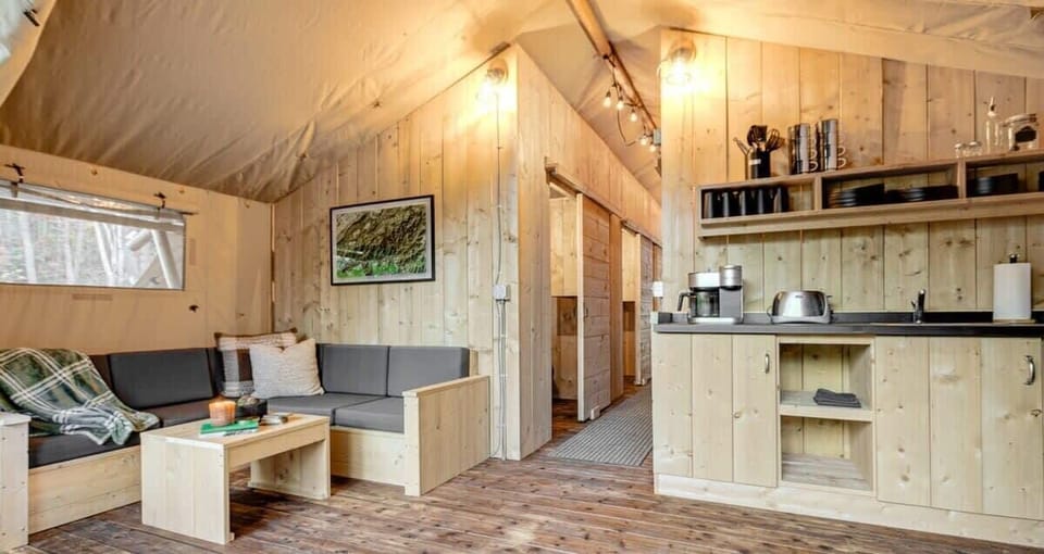 Covered dining area and tiny-home kitchen