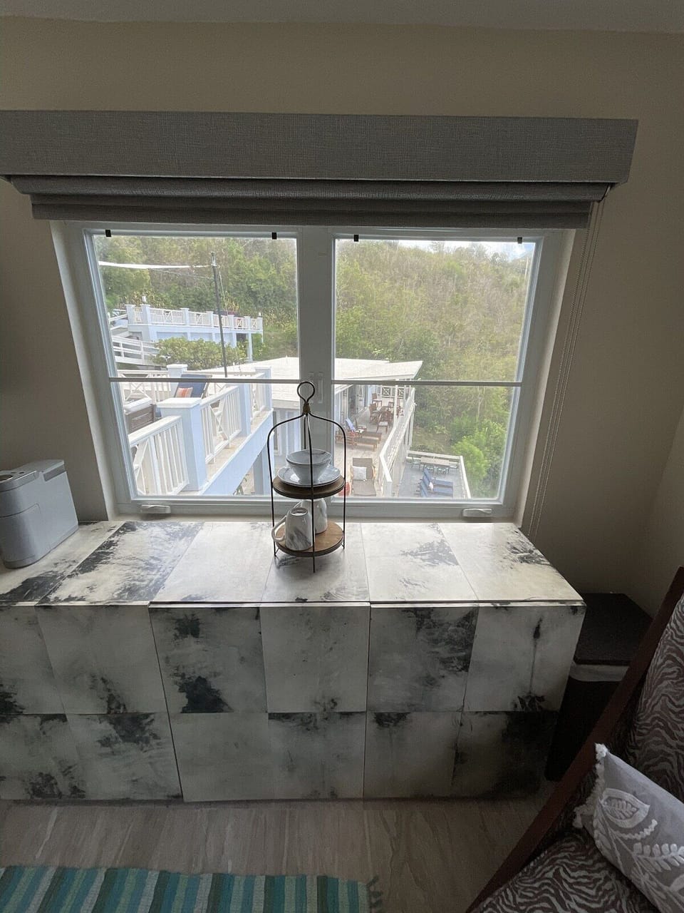 Storage, coffee maker, mini fridge, microwave, and limited kicthen supplies