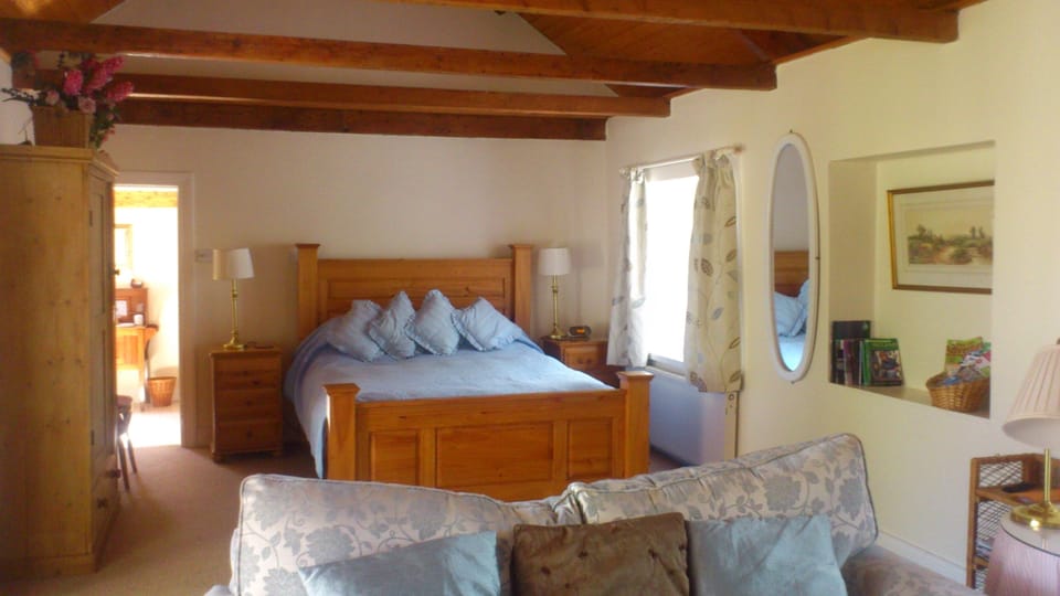 Open-plan bedroom & living area with vaulted ceiling.  Bathroom beyond